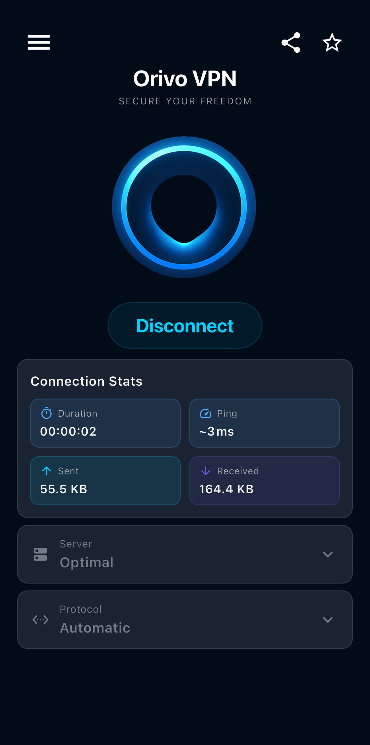 Orivo mobile app showing an active VPN connection and live traffic statistics.