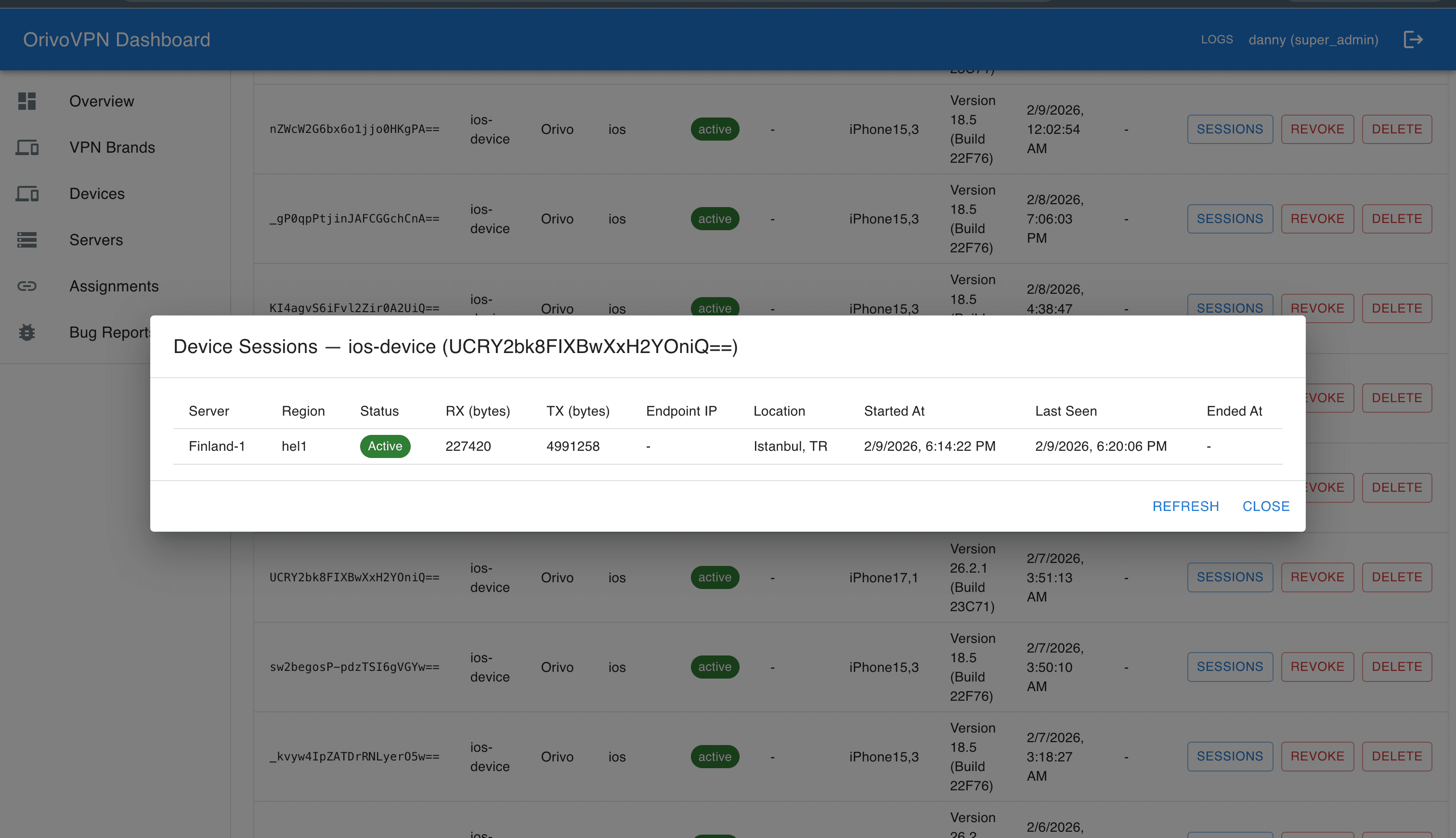 Orivo dashboard showing a device list with a live session details modal.