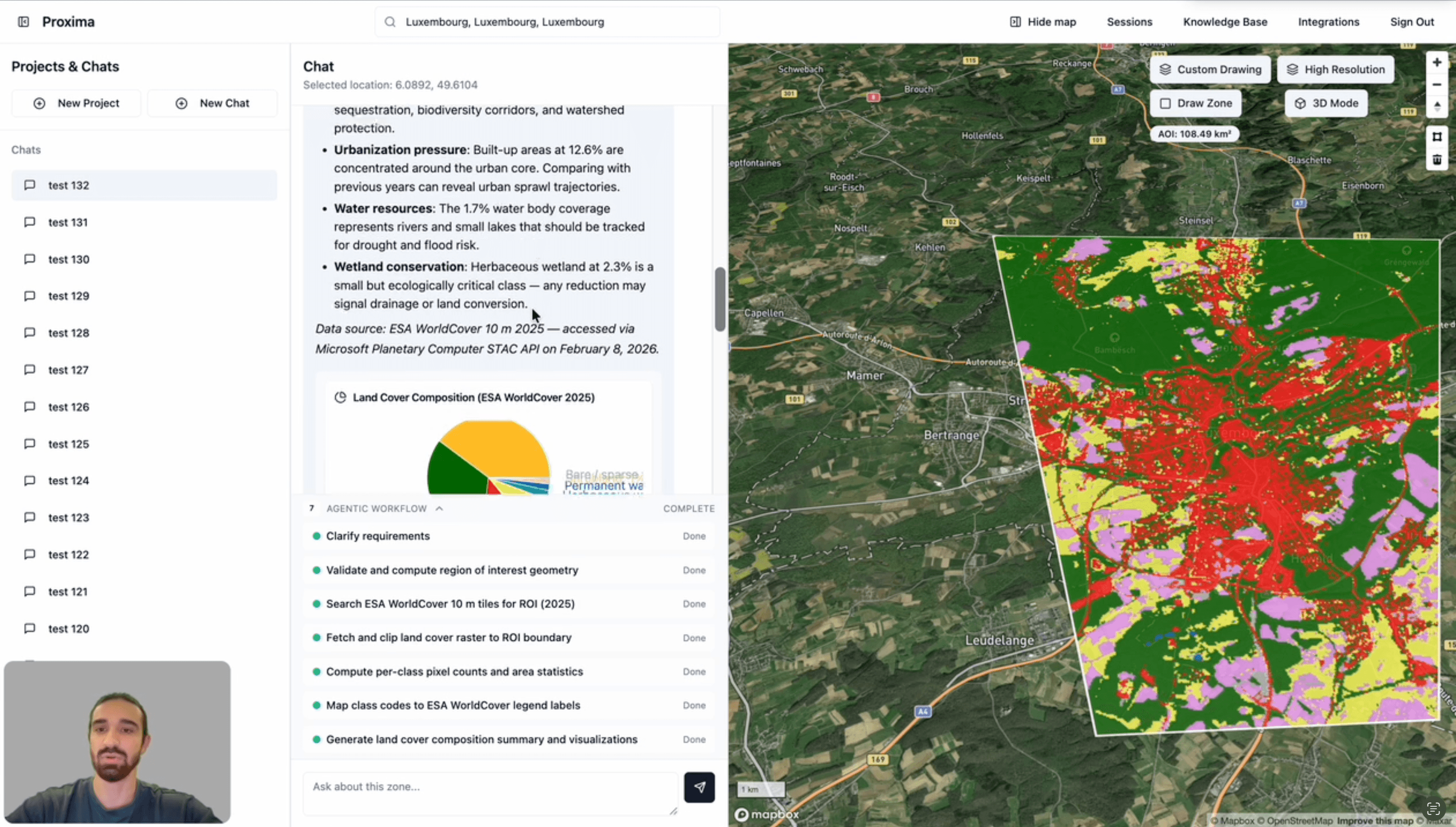 Proxima workspace showing a GIS analysis conversation, agent steps, and a rendered land-cover map overlay.
