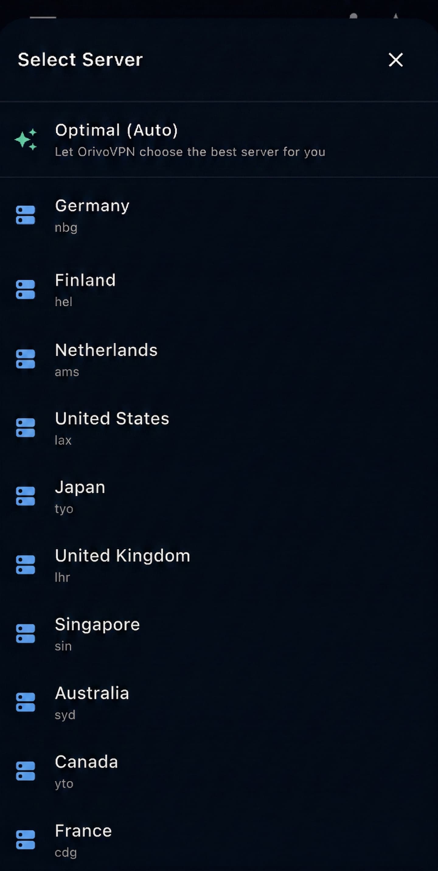 Orivo mobile app showing the server selection list.